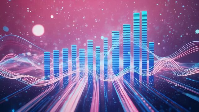 Abstract chart with blue bars and flowing lines against a pink and purple backdrop with particles