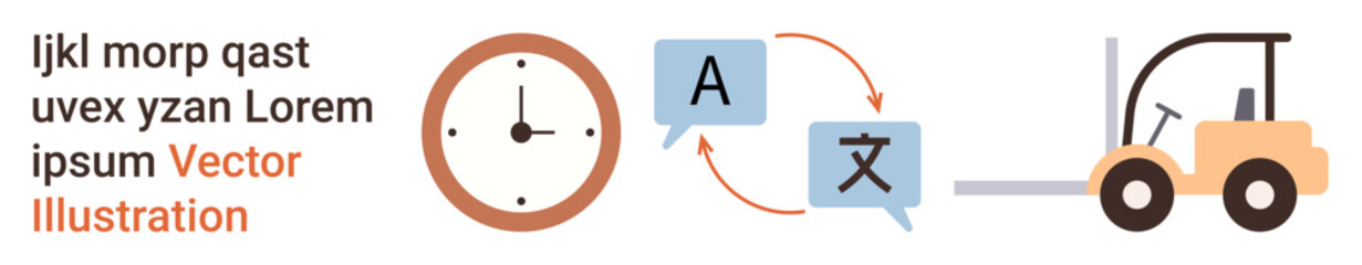 Time management, translation services, logistics, supply chain, productivity, global communication. Clock, language icons and forklift illustration. Time management and translation services concept © robu_s