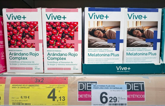 DENIA, SPAIN - January 26, 2026.Vive+ brand dietary supplements for women's health on a supermarket shelf in Spain with price tags visible