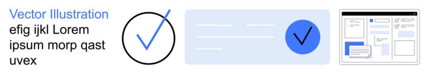 Obraz premium Identity verification, online security, data authentication, digital forms, workflow approval, user interface. Checkmarks and digital elements displayed in a professional layout. Identity
