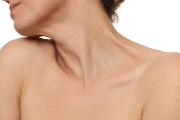 Naklejka premium Woman with healthy skin on white background, closeup