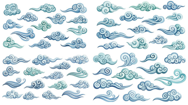 A charming watercolor collection of airy sky elements, featuring stylized clouds, curling wind shapes, and gentle watercolor textures.