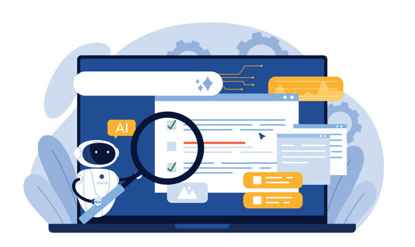 AI robot analyzing search engine results with magnifying glass, enhancing content visibility and SEO strategies for digital platforms vector illustration