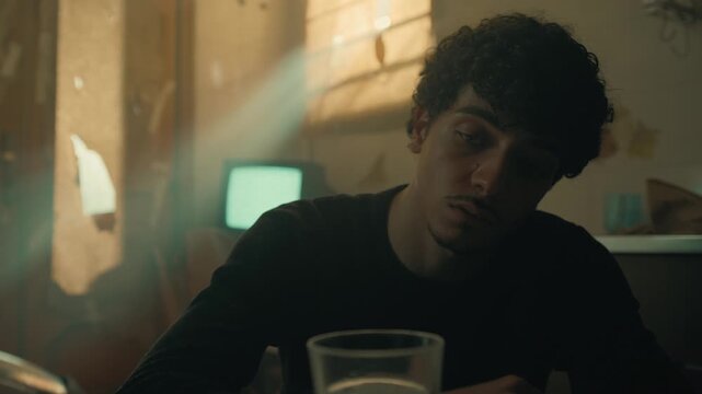 Boy drinks water in a gloomy atmosphere