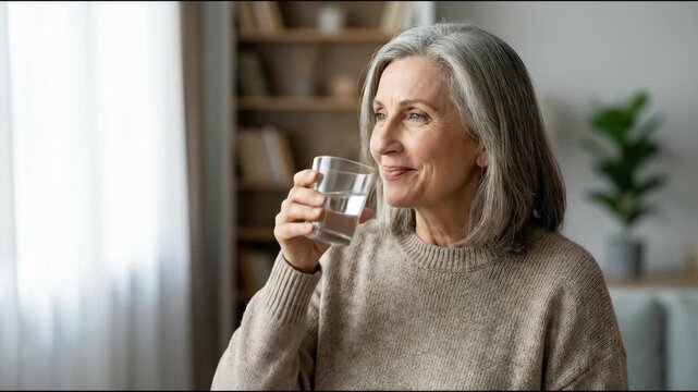 Senior woman drinking glass of water in cozy living room gray hair sweater hydrating and smiling with calm natural light and bookshelf houseplant