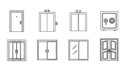 door and safe icons set, line art design