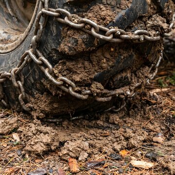 Logging Skidder Tire Chains Packed With Mud: Heavy-Duty Forestry Traction Gear In Action Today