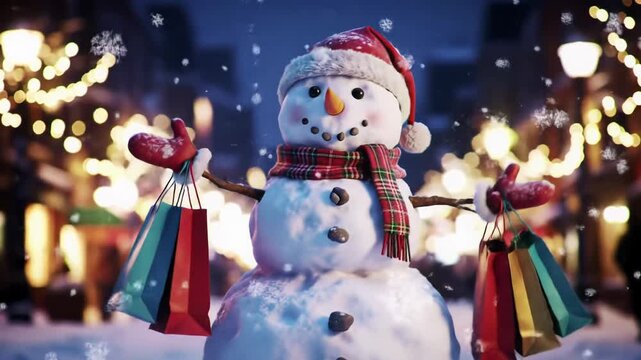 Cheerful snowman in santa hat, plaid scarf, and red boots bounces, holding shopping bags, snowflakes fall. Blurred urban street, christmas lights bokeh. Festive holiday scene