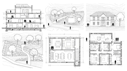 Fototapeta premium Architectural drawings: building plans, cross-sections, and landscape designs