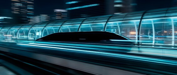 Maglev Train Silhouette Blurring Through Futuristic Glass Tunnel at Midnight for Sci-Fi Travel Posters