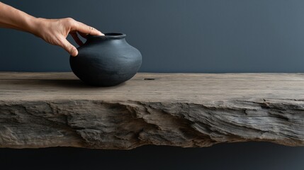 Hand placing a matte black ceramic vase on a rustic reclaimed wooden shelf against a dark blue wall background.