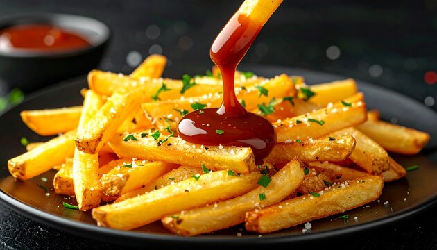 Plate of French fries being topped with ketchup and garnished with herbs on a black plate
