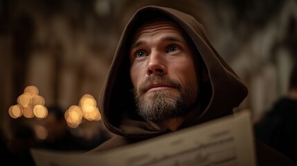 Monk in dark brown hooded robe holding music sheet in a cathedral.