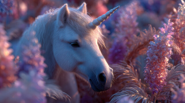 Beautiful mythical unicorn in a enchanting fantasy landscape with pastel colors, vibrant scenery, and whimsical artistic design for fantasy art lovers