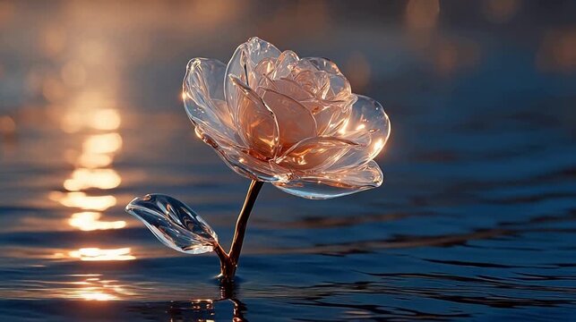 Glass rose in water at sunset