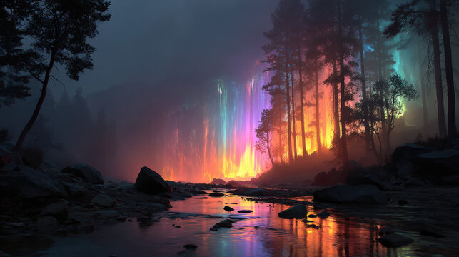Stunning night scene featuring a vibrant waterfall illuminated by colorful aurora borealis over tranquil forest landscape with reflection and atmospheric natural beauty