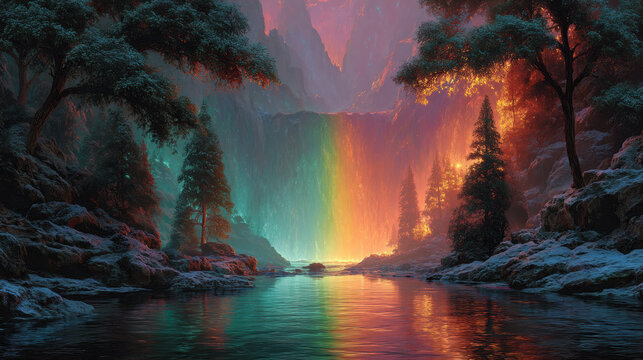 Majestic mountain landscape with vibrant waterfall, lush trees, colorful sunset sky, serene river reflection, and dramatic scenery capturing outdoor adventure