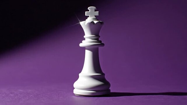 White Chess King Piece on Purple Background with Dramatic Lighting.