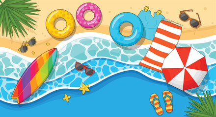 Naklejka premium Vibrant Beach Scene with Summer Fun Essentials.