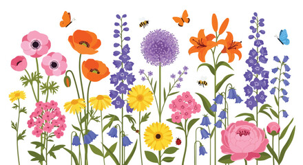 Vibrant Meadow Garden with Diverse Blooming Flowers and Insects. © Muginandaru