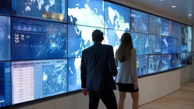 Executives reviewing global corporate social responsibility plans on digital screens emphasizing ethical business practices.