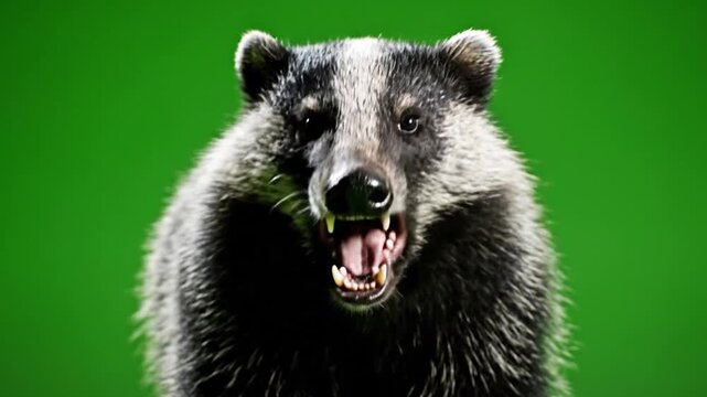 A fierce badger with an open mouth and sharp teeth snarls aggressively against a vibrant green background.