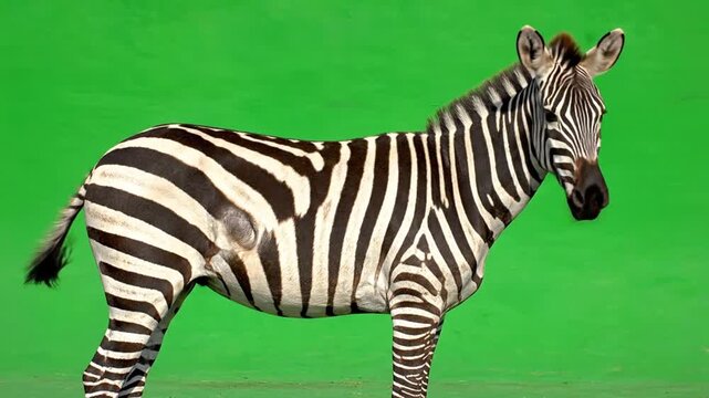 A majestic zebra stands in profile against a vibrant green screen background, showcasing its distinctive black and white stripes.
