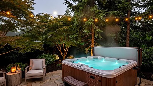 Cozy backyard hot tub with warm lights and serene nature setting.