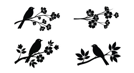 Fototapeta premium Set of Four Black Bird Silhouettes on Branches.