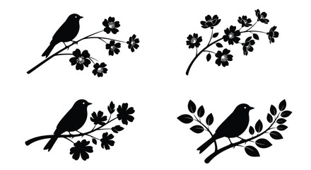 Fototapeta premium Set of Four Black Silhouettes of Birds on Branches with Flowers and Leaves.