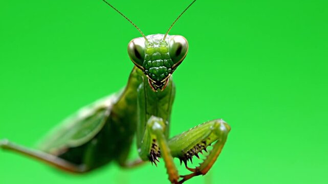 Close-up front view of a vibrant green praying mantis with large compound eyes against a bright green background.