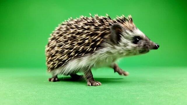A small, spiky hedgehog with brown and white quills walks across a vibrant green background in a studio shot.