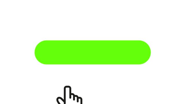 Animation of a hand cursor clicking to reveal a blank green rounded button on a white background.