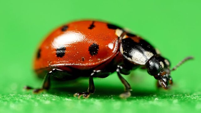 A close-up macro shot of a vibrant red ladybug with black spots, crawling on a green surface, showcasing its intricate details.