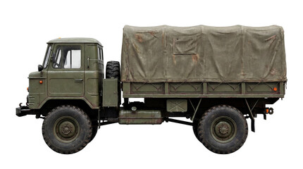 A vintage military truck with a canvas cover. The truck has large tires and a classic design, ideal for transport and logistics. 