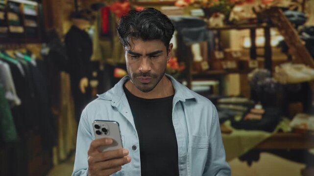 Man adjusts mask and holds smartphone while checking messages in a retail building; anonymity tension.