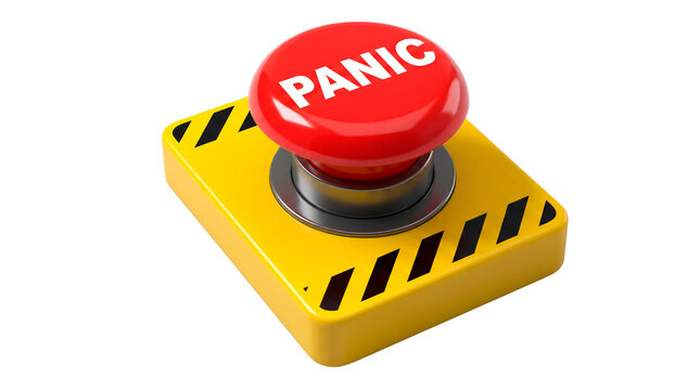 A close-up shot of a bright red panic button