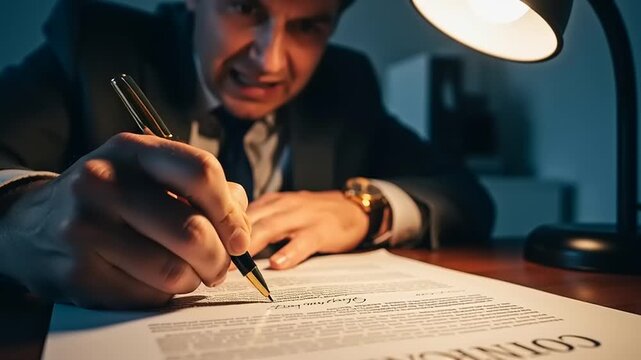 Businessman signing important documents at night.