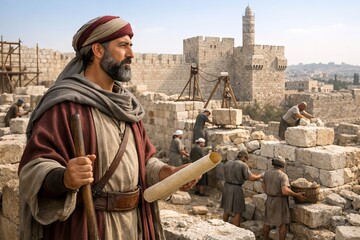Naklejka premium Nehemiah overseeing rebuilding of Jerusalem walls