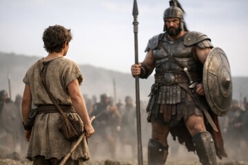 Naklejka premium Young David facing giant warrior across battlefield, tension before action