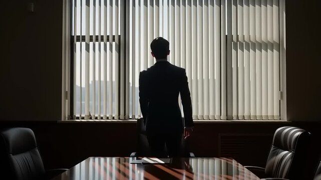 Businessman standing alone in meeting room.