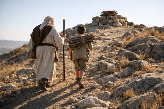 Abraham and Isaac walking uphill toward altar, long dramatic shadows