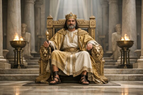 Solomon seated on throne in grand Temple interior, light and symmetry