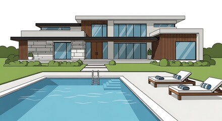 Fototapeta premium Modern House with Swimming Pool and Lounge Chairs.