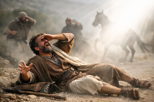 Apostle Paul encountering blinding light on Road to Damascus, dramatic conversion