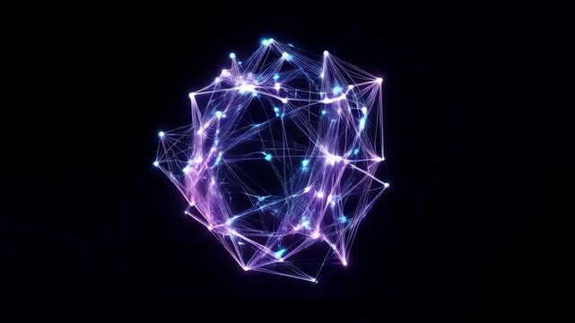 Glowing abstract network sphere forming and transforming with connected nodes on dark background