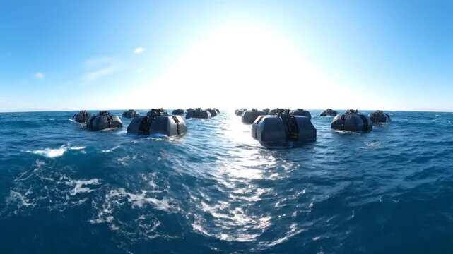 Expansive 360 degree panoramic view of the open ocean with rocky formations under a bright sunny sky.
