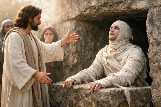 Jesus raising Lazarus from tomb, tension between death and life