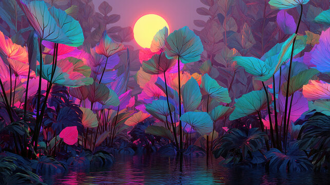 Vibrant and tranquil landscape scene featuring colorful sunset over water with lush foliage, reflection, and peaceful outdoor environment capturing natural beauty