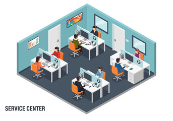 Fototapeta premium People working at computers in a modern service center office environment with multiple workstations